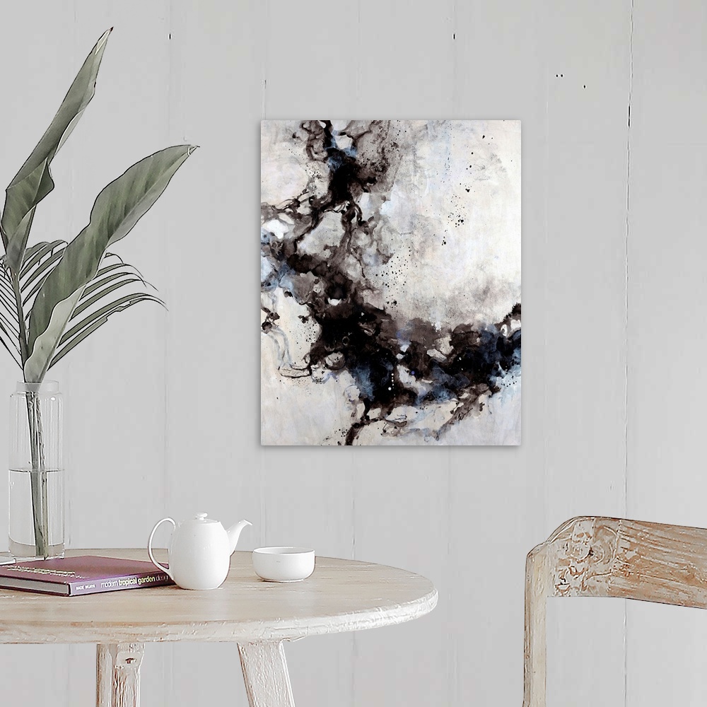 A farmhouse room featuring Abstract painting of blended ink splats and splatter with a soft pastel background.