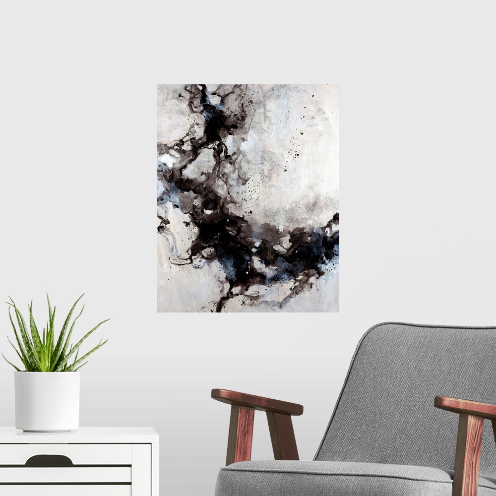 A modern room featuring Abstract painting of blended ink splats and splatter with a soft pastel background.