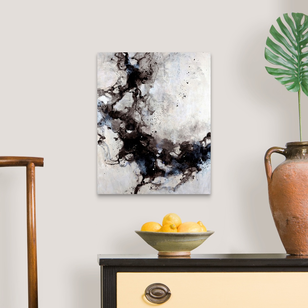 A traditional room featuring Abstract painting of blended ink splats and splatter with a soft pastel background.