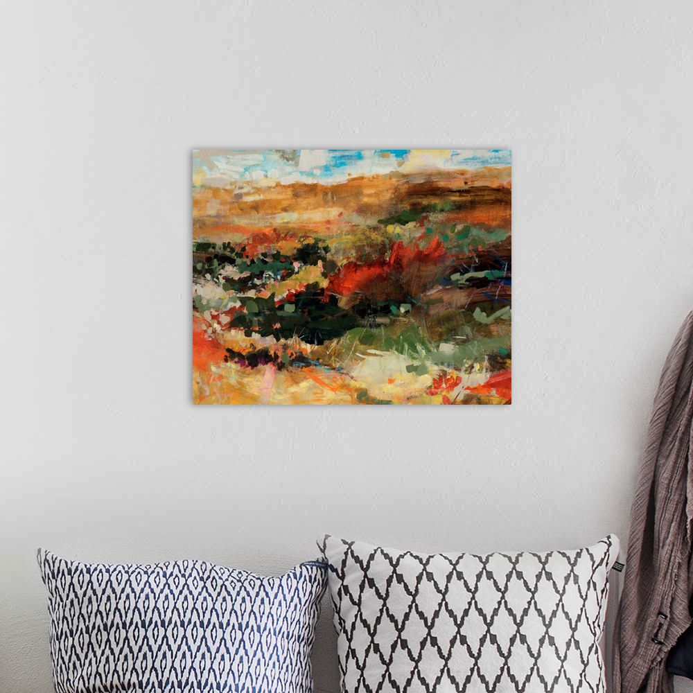 A bohemian room featuring Contemporary abstract painting that portrays flowers in a field with mountains in the distance un...