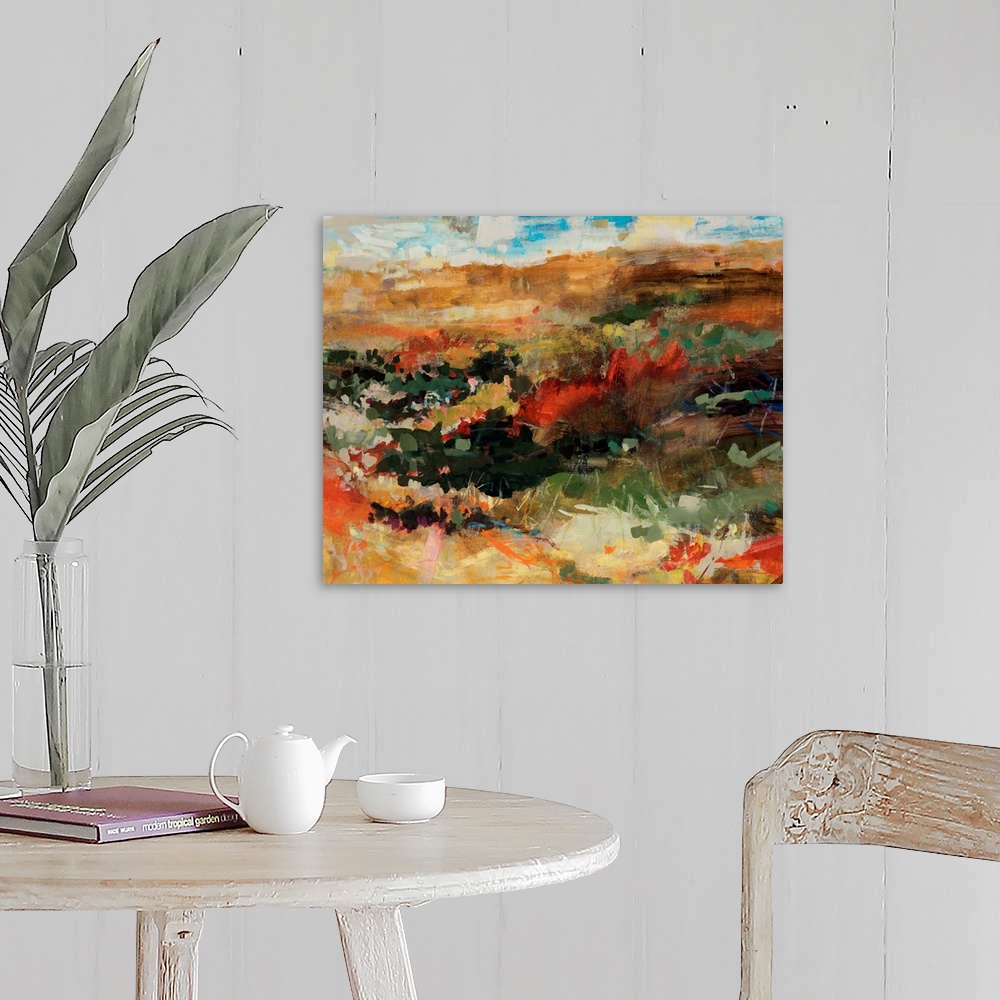 A farmhouse room featuring Contemporary abstract painting that portrays flowers in a field with mountains in the distance un...