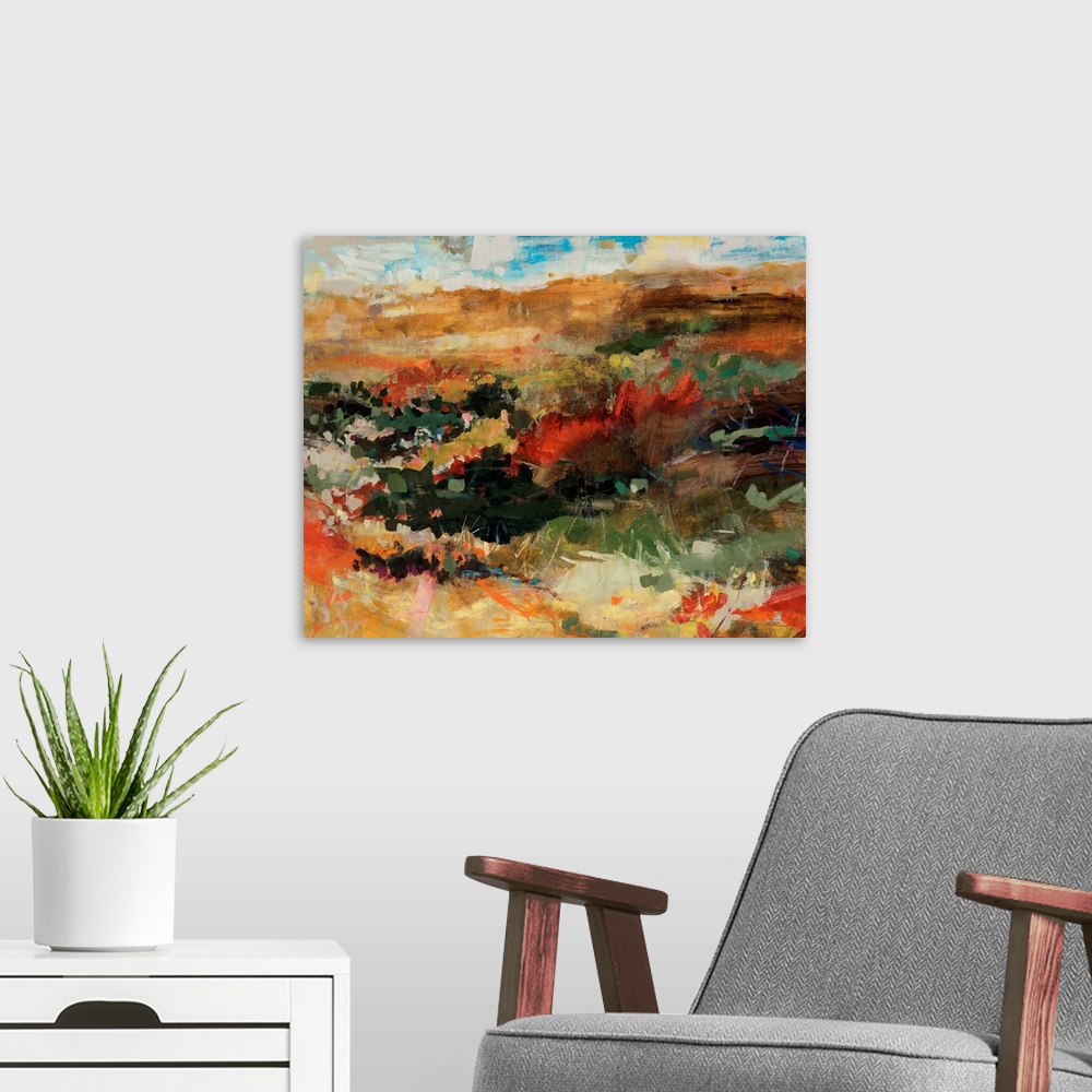 A modern room featuring Contemporary abstract painting that portrays flowers in a field with mountains in the distance un...