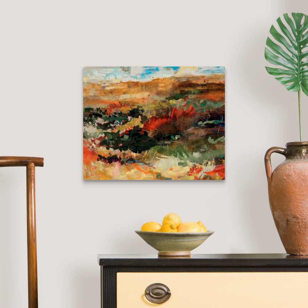 A traditional room featuring Contemporary abstract painting that portrays flowers in a field with mountains in the distance un...