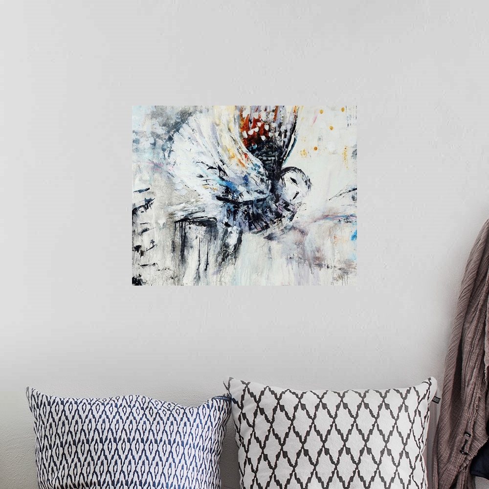 A bohemian room featuring Contemporary abstract painting of an owl in flight.