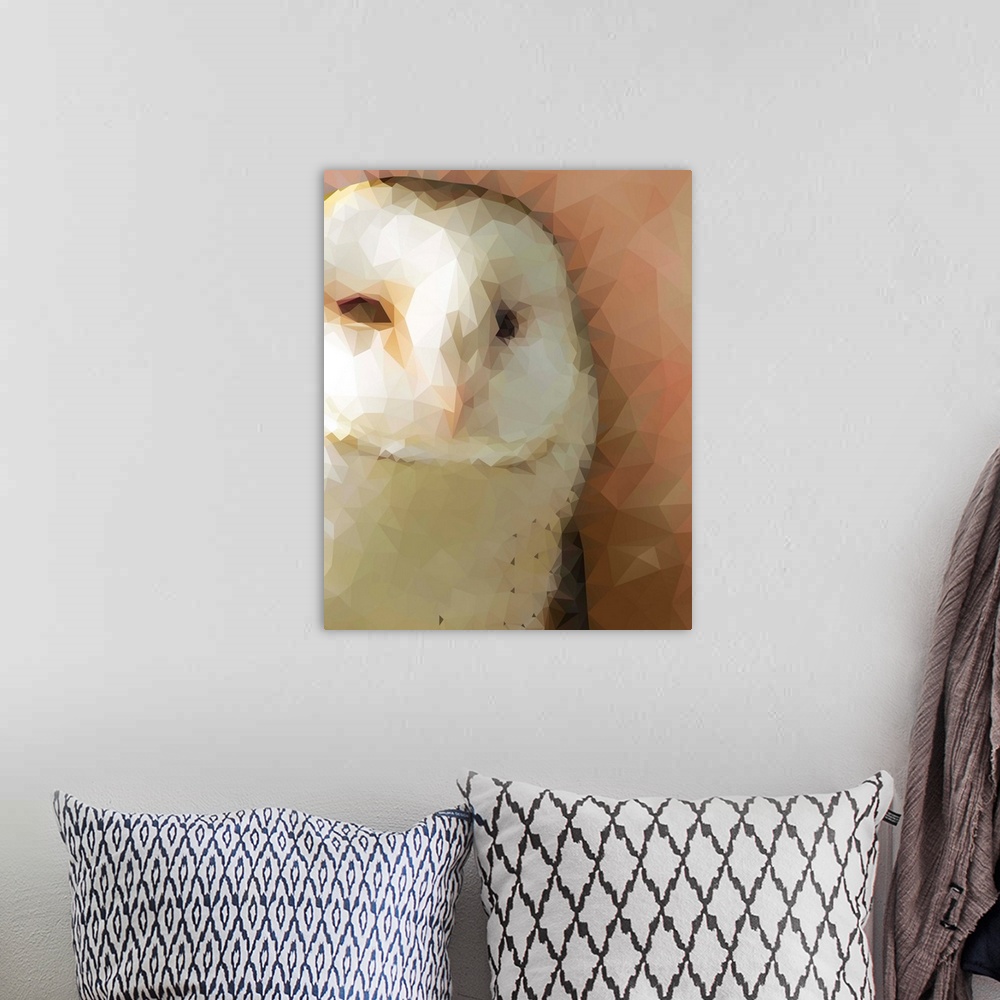 A bohemian room featuring Portrait of a barn owl in low poly geometric shapes.