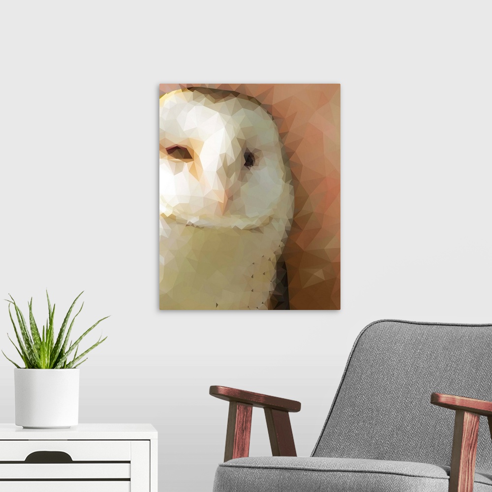 A modern room featuring Portrait of a barn owl in low poly geometric shapes.