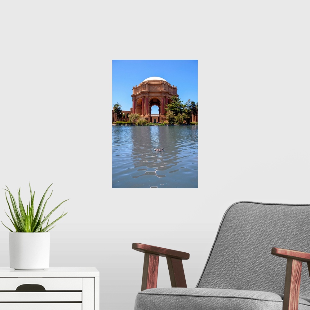A modern room featuring View of Greco-Roman style rotunda and colonnades with duck, Palace of Fine Arts in San Francisco,...
