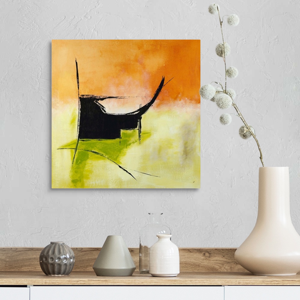 A farmhouse room featuring Square abstract painting in bright orange and green hues with a black design.