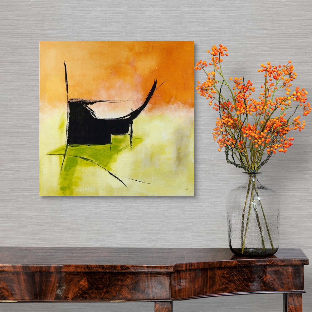 A traditional room featuring Square abstract painting in bright orange and green hues with a black design.