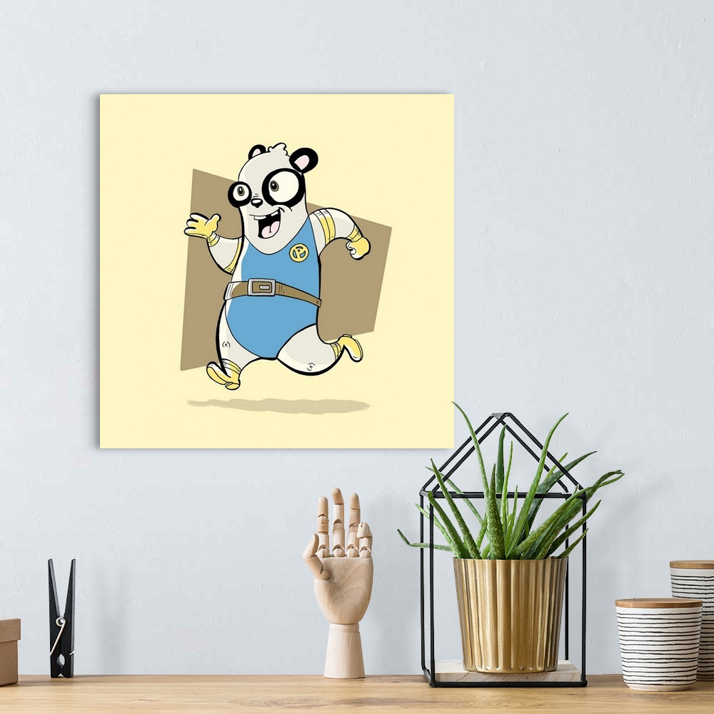 A bohemian room featuring A panda bear superhero in costume, running to the rescue.