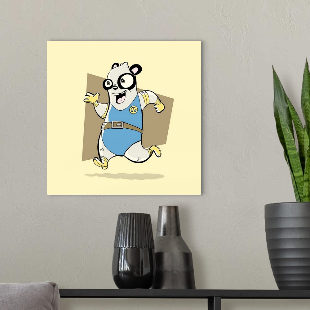 A modern room featuring A panda bear superhero in costume, running to the rescue.