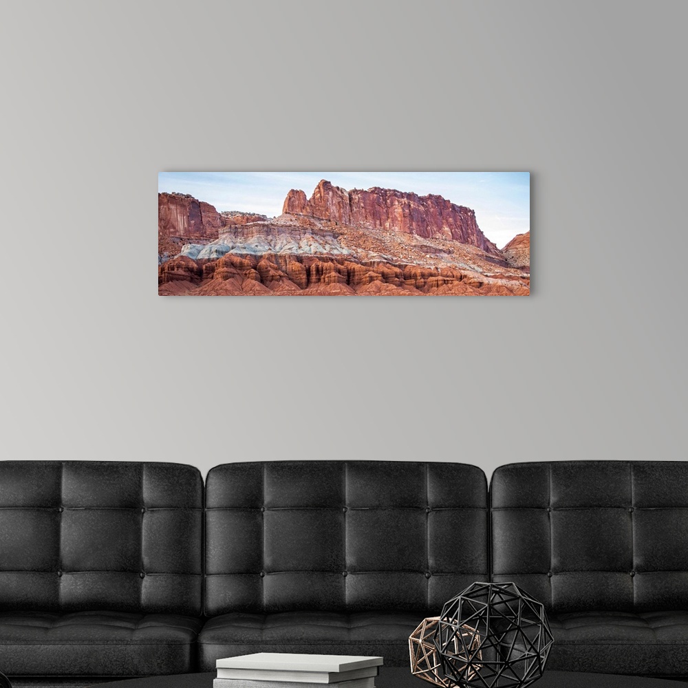 A modern room featuring View of Capitol Reef rock ridges near Mummy Cliff at Capitol Reef National Park, Utah.