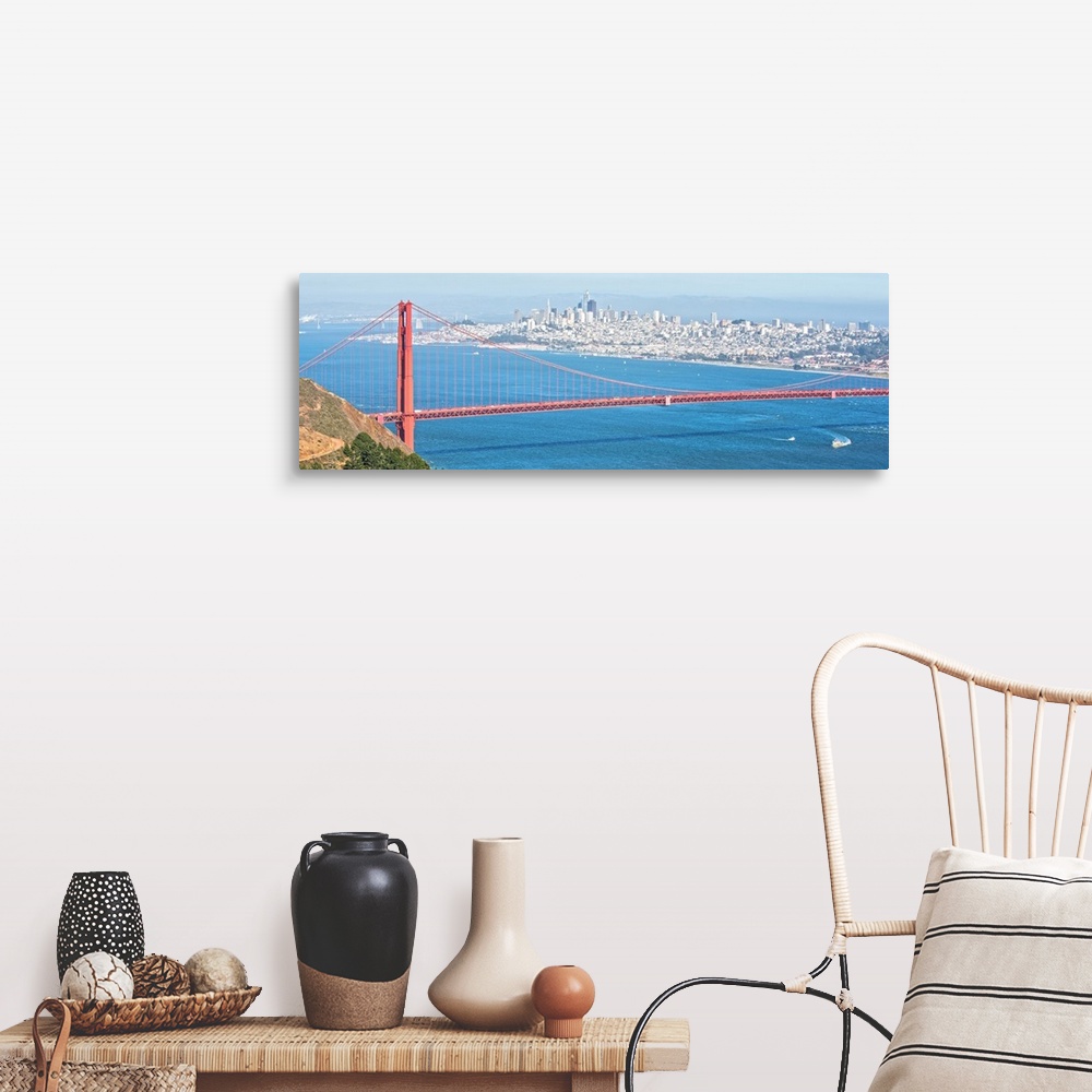 A farmhouse room featuring Panoramic photograph of the bright red Golden Gate Bridge with San Francisco in the background.