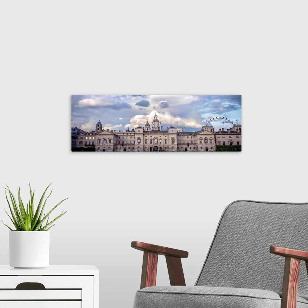 A modern room featuring Panoramic view of Horse Guards building in London, England.