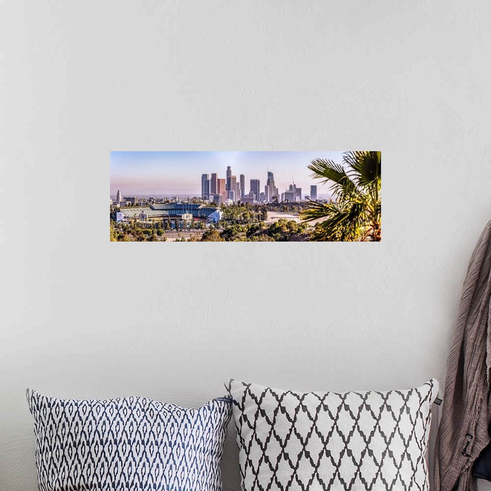 A bohemian room featuring Panoramic view of downtown Los Angeles skyline in California.