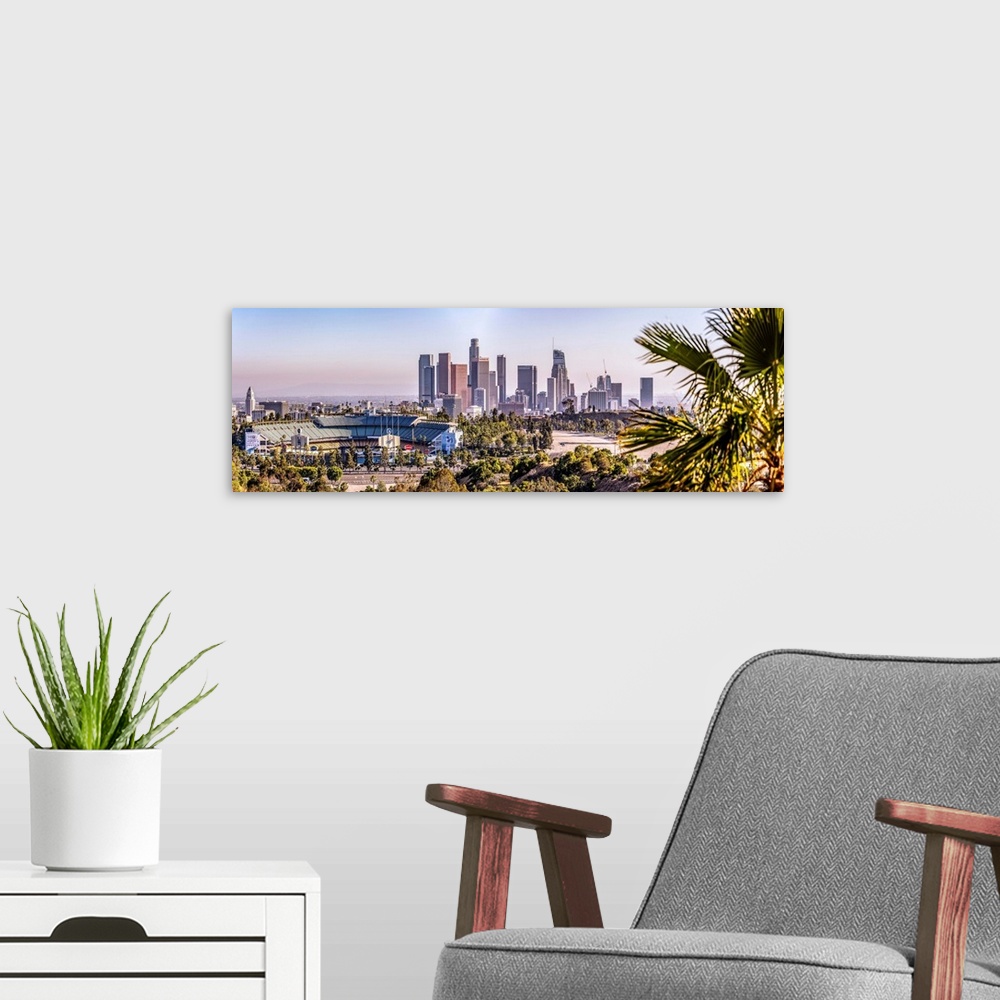 A modern room featuring Panoramic view of downtown Los Angeles skyline in California.