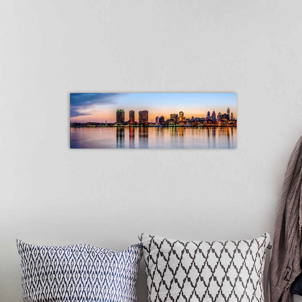 A bohemian room featuring Panoramic view of Philadelphia City Skyline at Night.