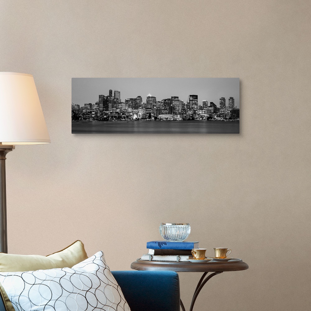 A traditional room featuring Panoramic view of Seattle's city skyline at night, Washington.