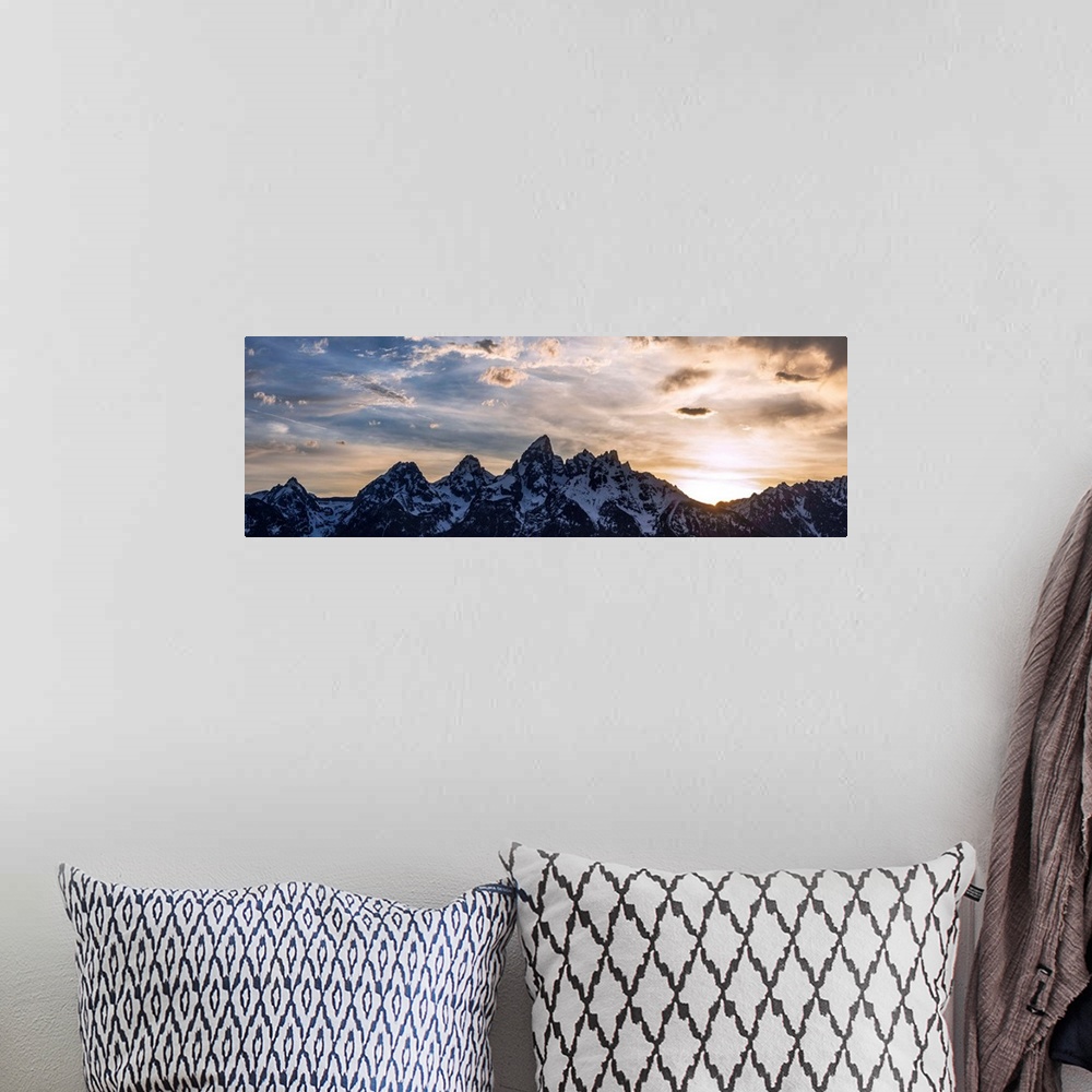 A bohemian room featuring Panoramic view of Teton mountains in the morning in Wyoming.