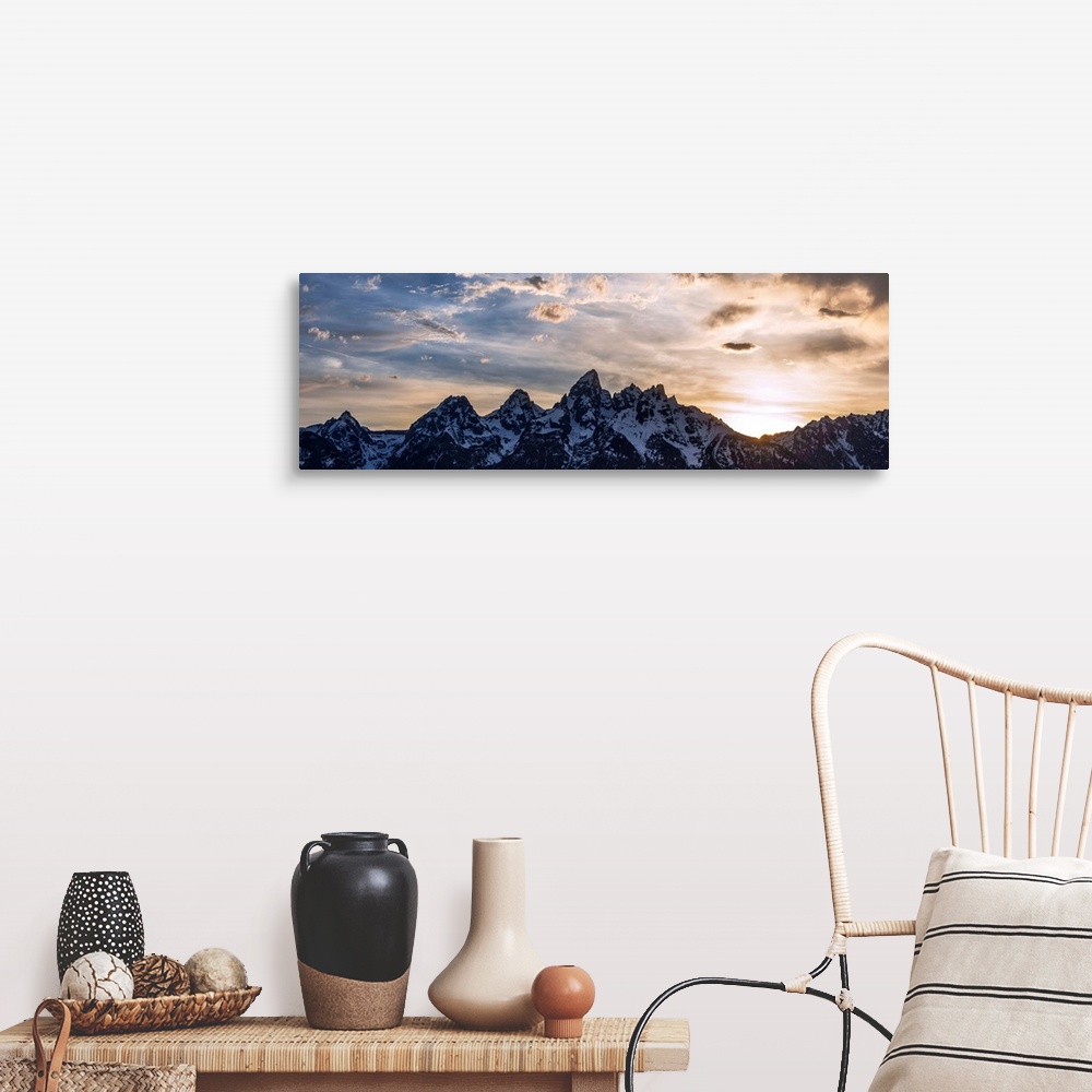 A farmhouse room featuring Panoramic view of Teton mountains in the morning in Wyoming.