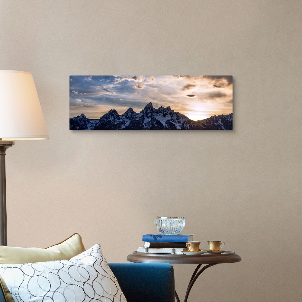 A traditional room featuring Panoramic view of Teton mountains in the morning in Wyoming.