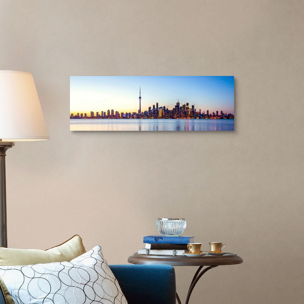 A traditional room featuring Panoramic photo of Toronto city skyline at sunset, Ontario, Canada.