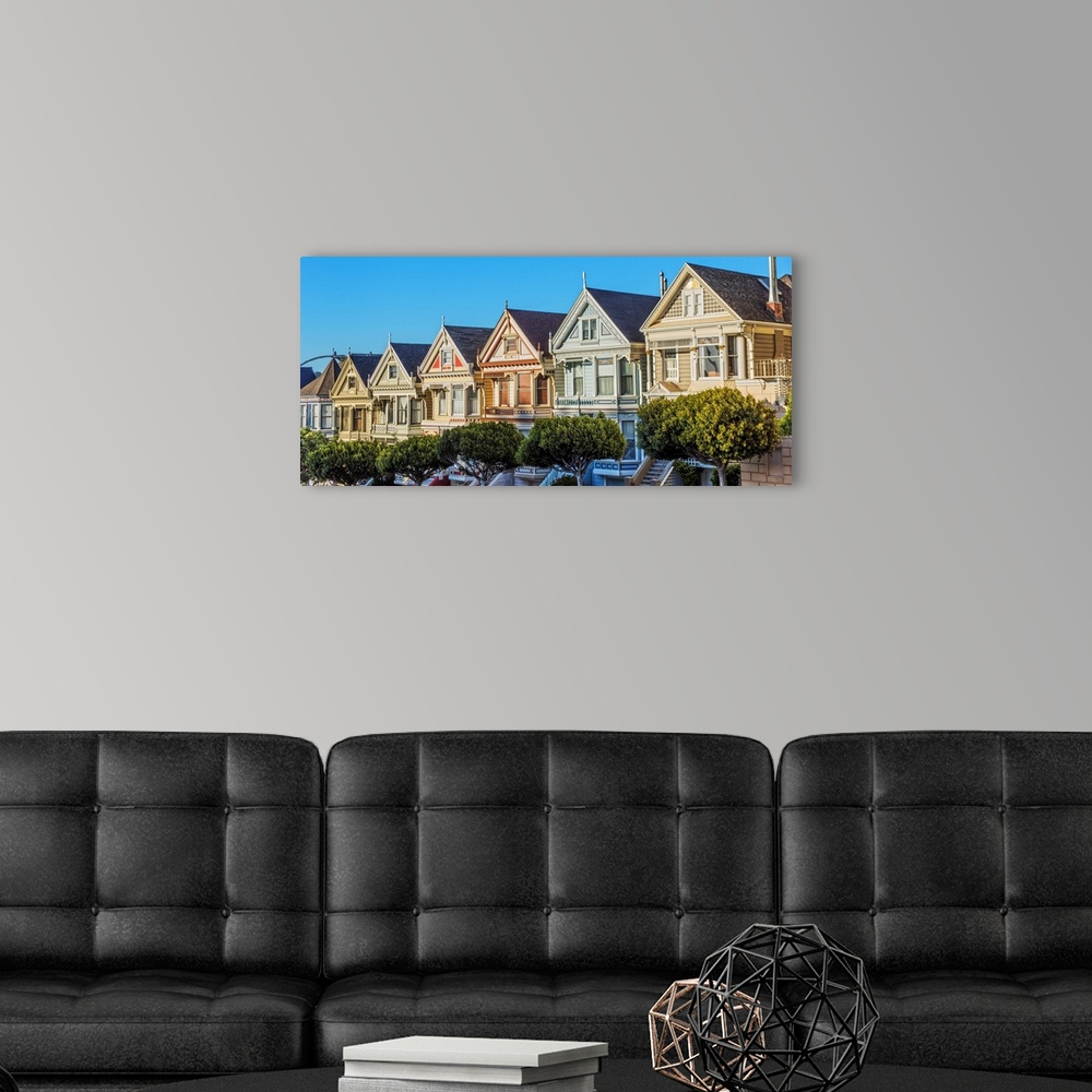 A modern room featuring Panoramic photograph of the Painted Ladies in downtown San Francisco.