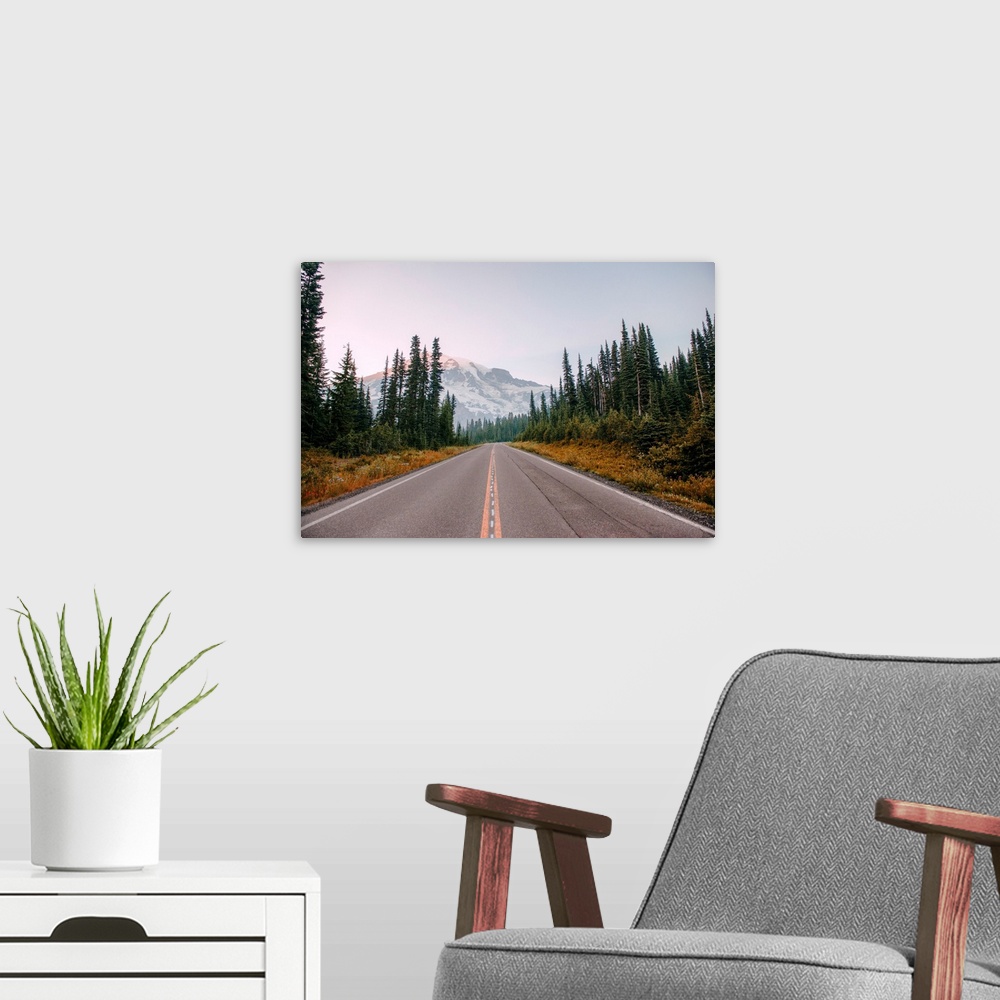 A modern room featuring View of the road to Mount Rainier, Mount Rainier National Park, Washington.