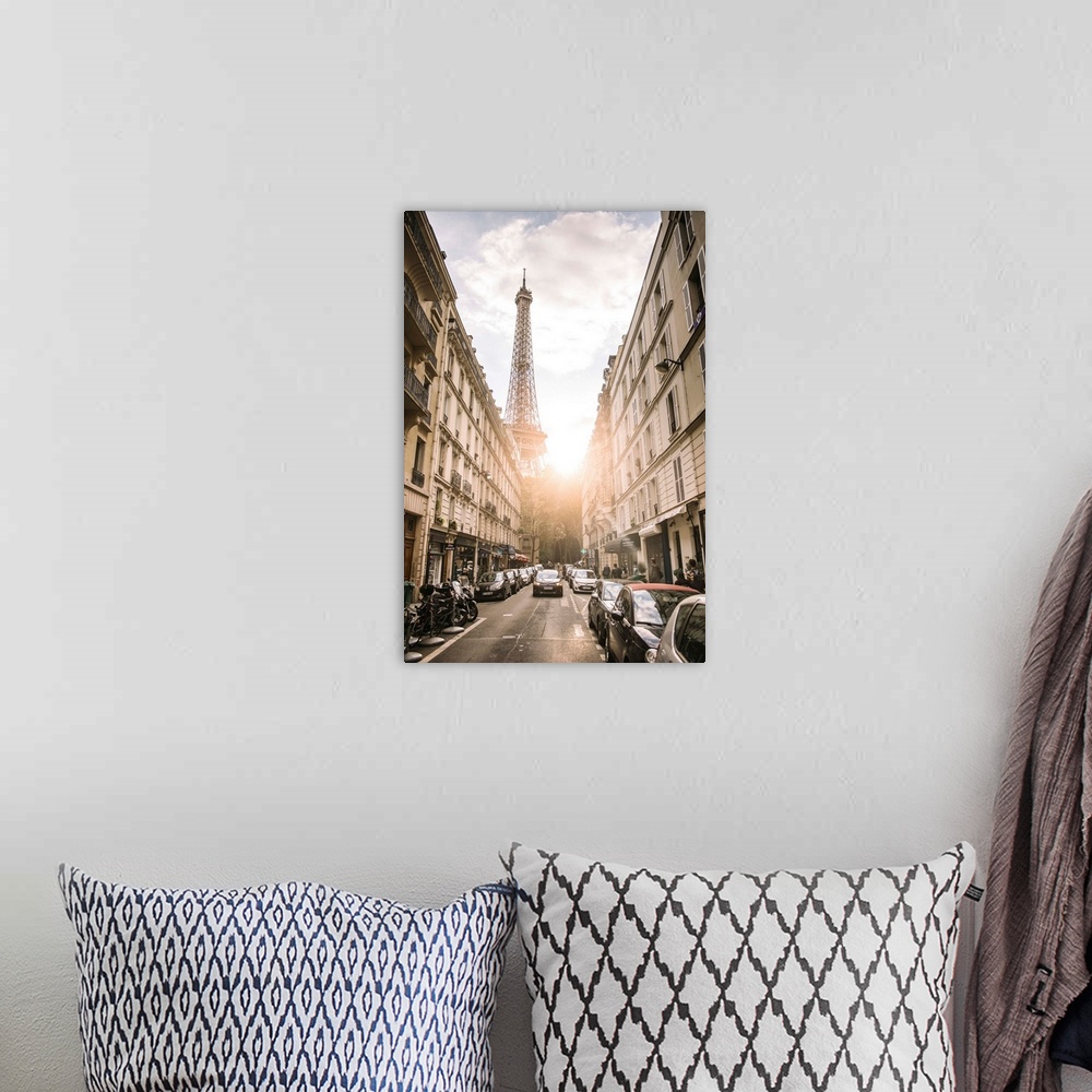 A bohemian room featuring Photograph of a streetscape in Paris with the sun beaming through the Eiffel Tower in the backgro...