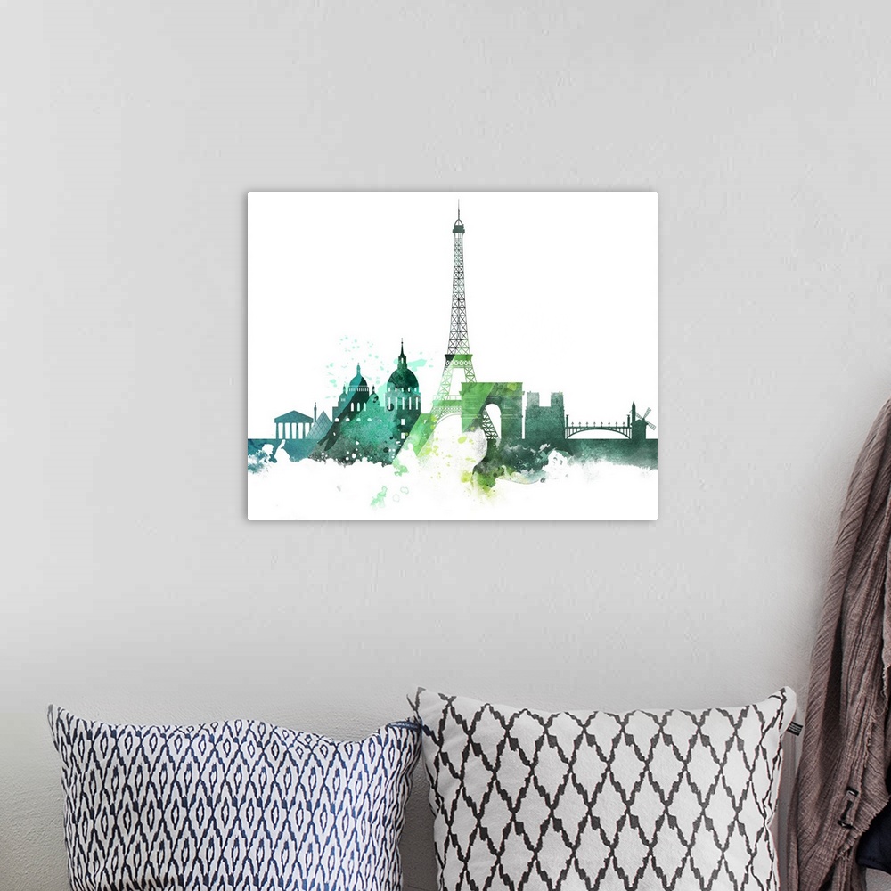 A bohemian room featuring The Paris city skyline in colorful watercolor splashes.