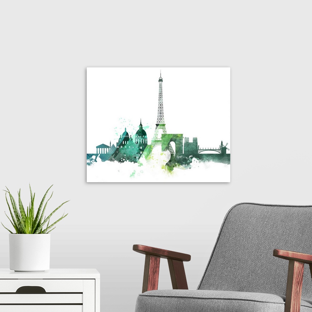 A modern room featuring The Paris city skyline in colorful watercolor splashes.
