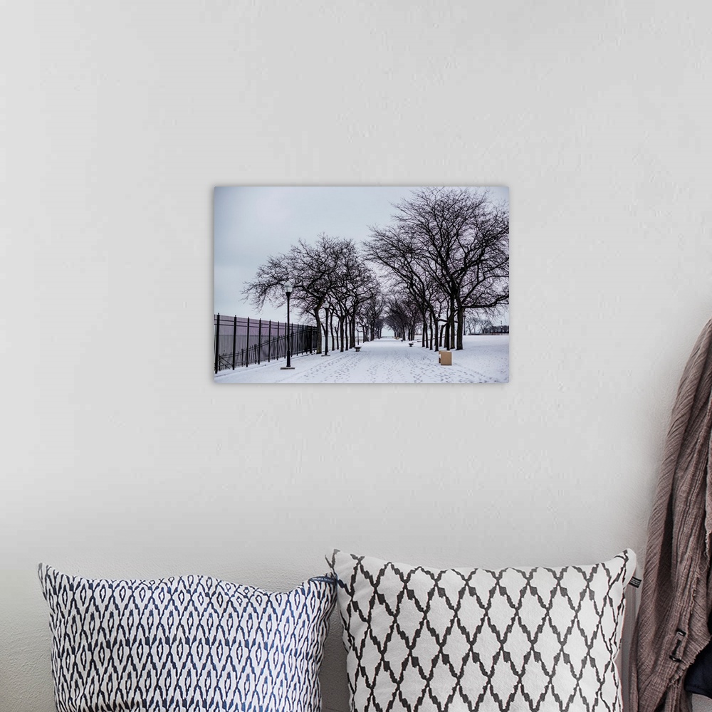 A bohemian room featuring Photo of a snowy day in Chicago.