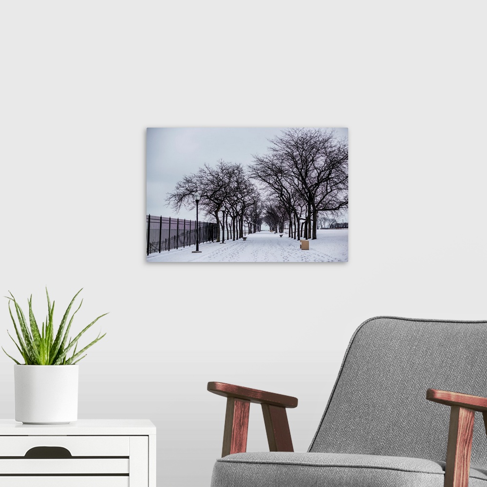 A modern room featuring Photo of a snowy day in Chicago.