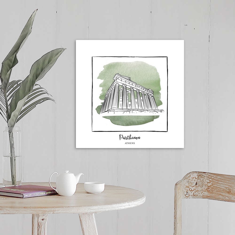 A farmhouse room featuring An ink illustration of the Parthenon in Athens, Greece, with a green watercolor wash.