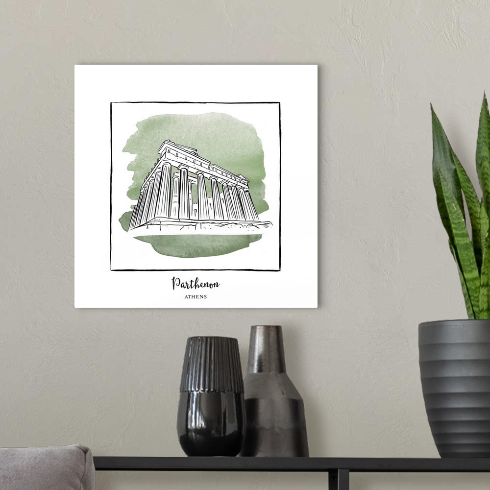 A modern room featuring An ink illustration of the Parthenon in Athens, Greece, with a green watercolor wash.