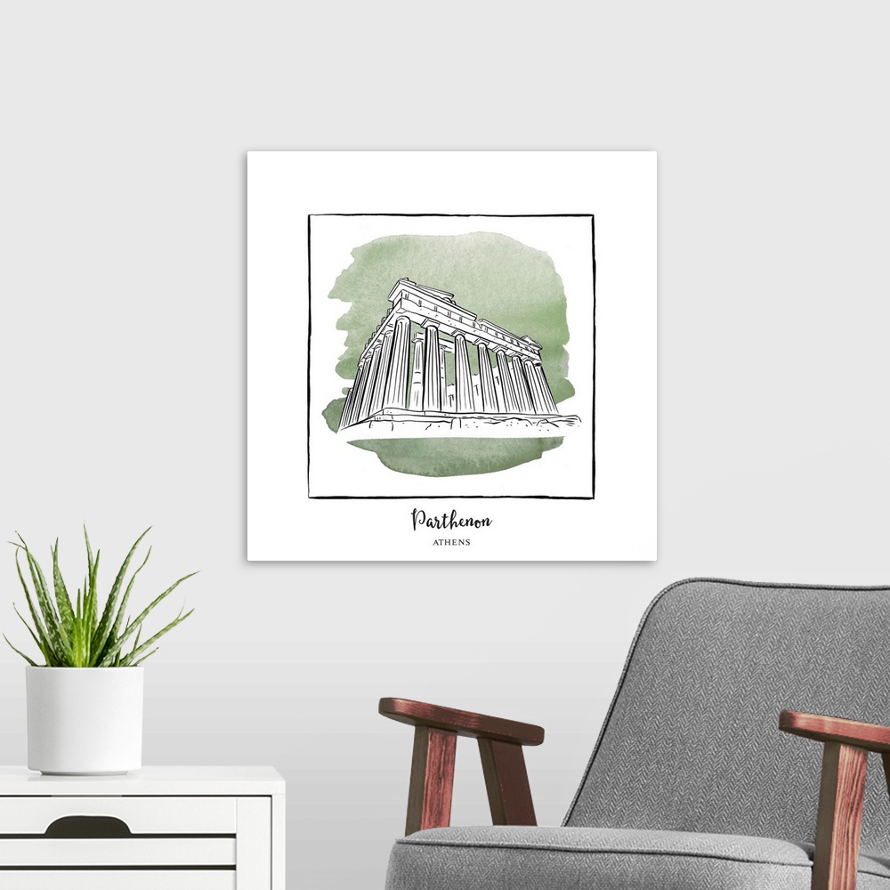 A modern room featuring An ink illustration of the Parthenon in Athens, Greece, with a green watercolor wash.