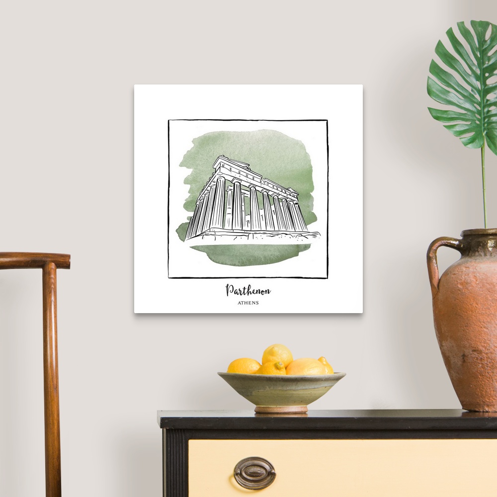 A traditional room featuring An ink illustration of the Parthenon in Athens, Greece, with a green watercolor wash.