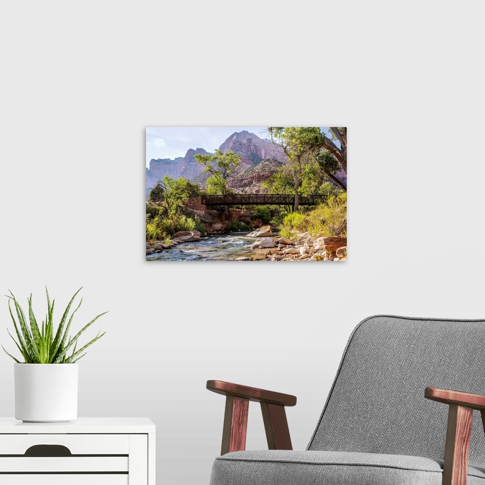 A modern room featuring View of a Pa'rus trail bridge over Virgin River in Zion National Park, Utah.