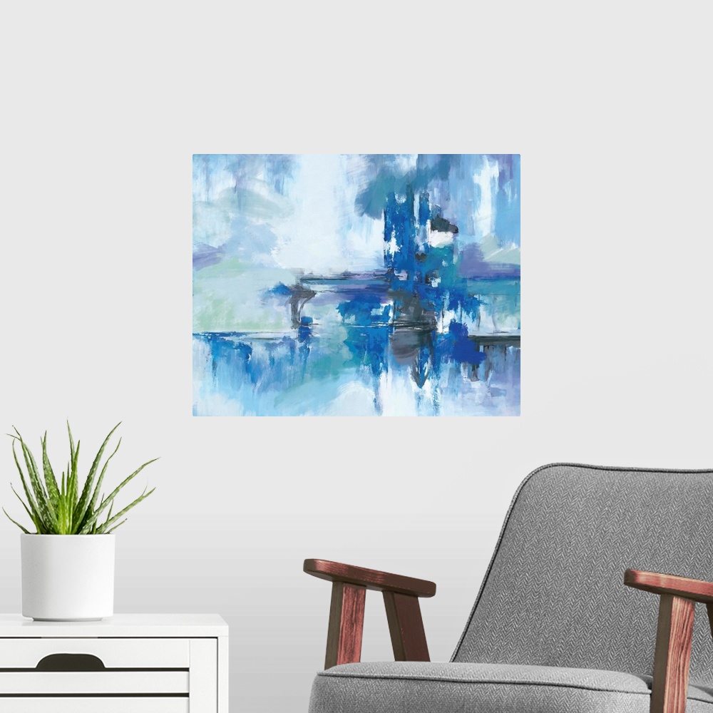 A modern room featuring A contemporary abstract painting using multiple blue tones in a horizontal movement.