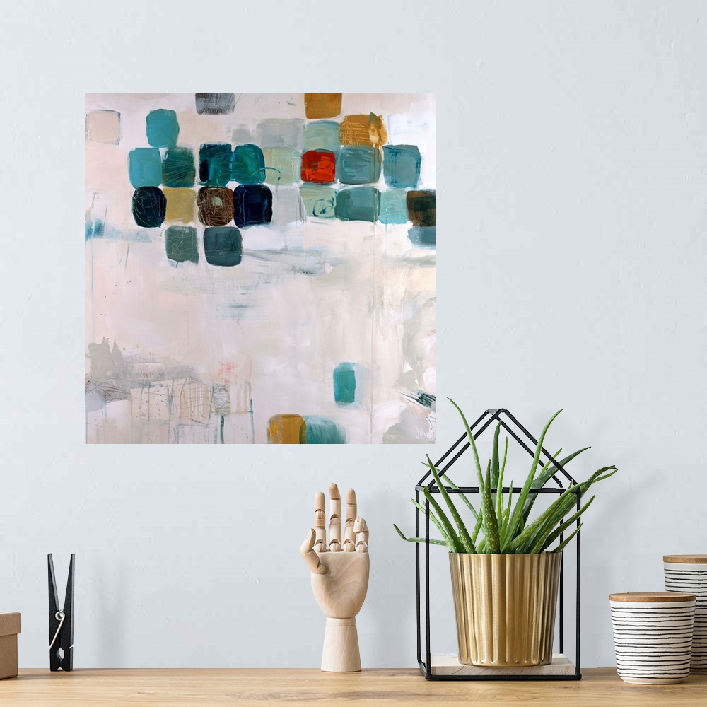 A bohemian room featuring Large abstract art incorporates a muted toned background with patches of evenly sized squares spr...