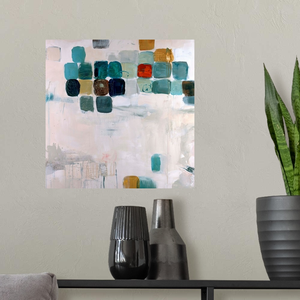 A modern room featuring Large abstract art incorporates a muted toned background with patches of evenly sized squares spr...