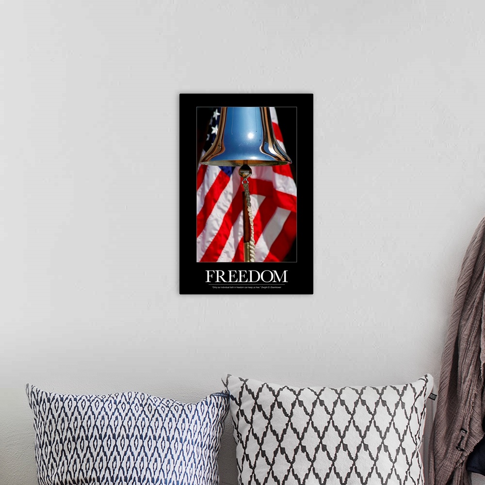 A bohemian room featuring Patriotic Poster: A ceremonial ships bell displayed during a dedication ceremony