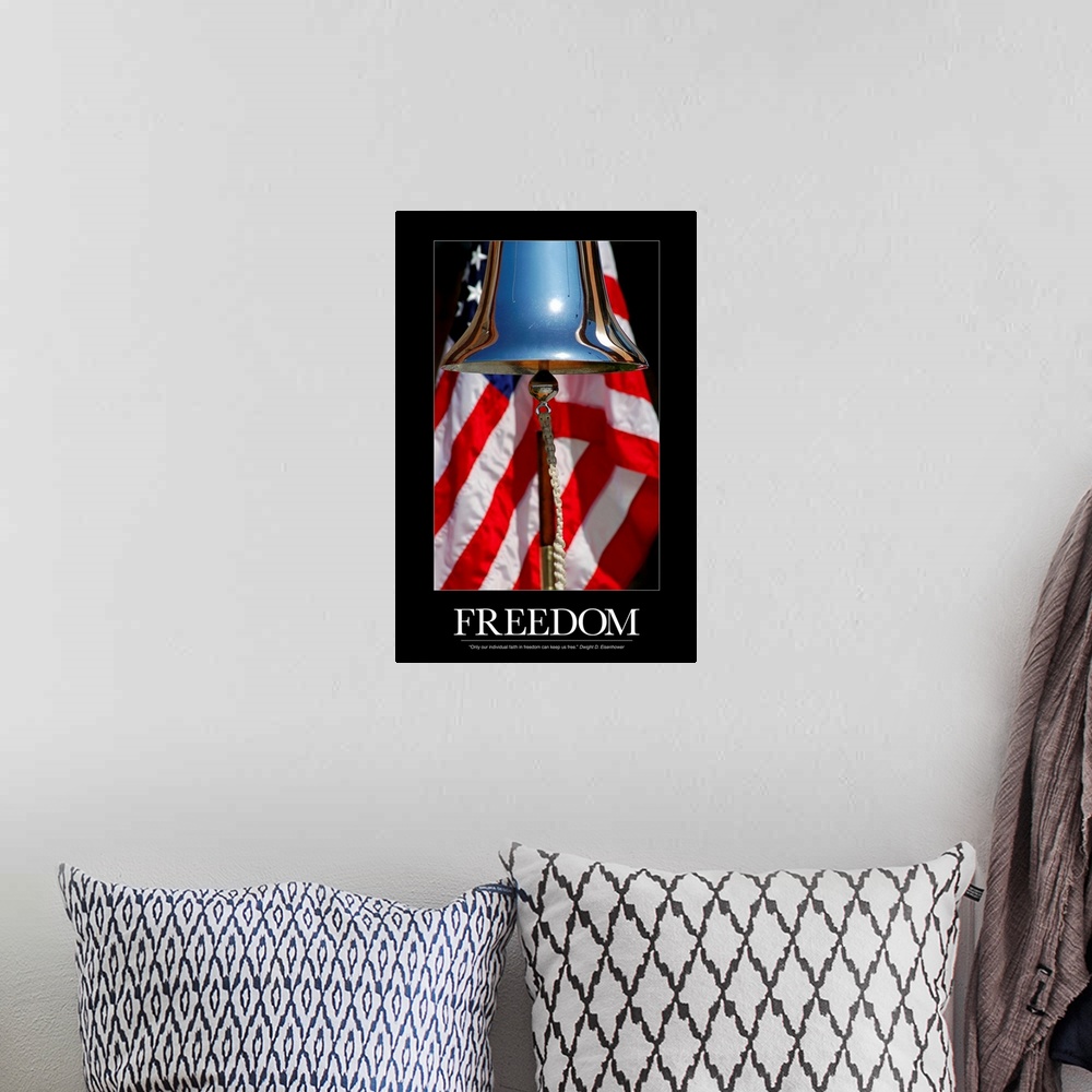 A bohemian room featuring Patriotic Poster: A ceremonial ships bell displayed during a dedication ceremony