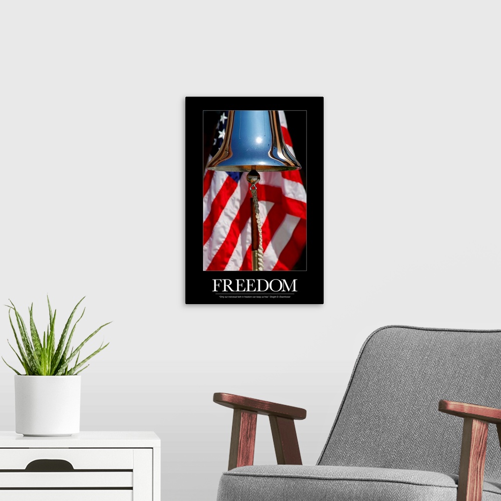 A modern room featuring Patriotic Poster: A ceremonial ships bell displayed during a dedication ceremony