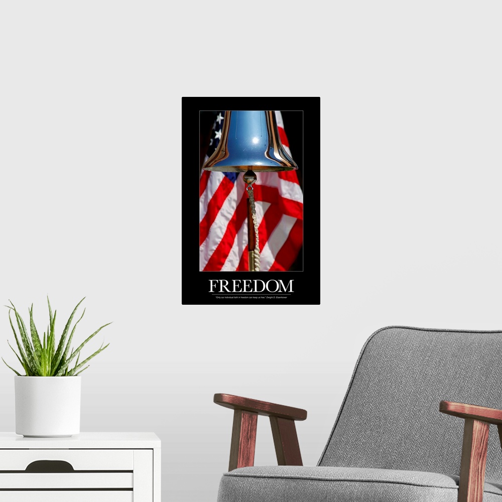 A modern room featuring Patriotic Poster: A ceremonial ships bell displayed during a dedication ceremony