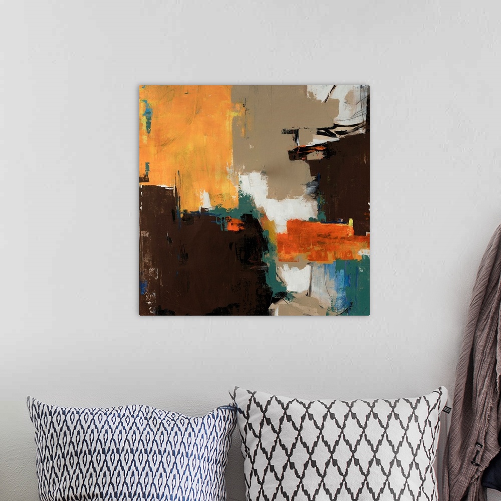 A bohemian room featuring Abstractly painted image on canvas with different patches of color layered on top of each other.