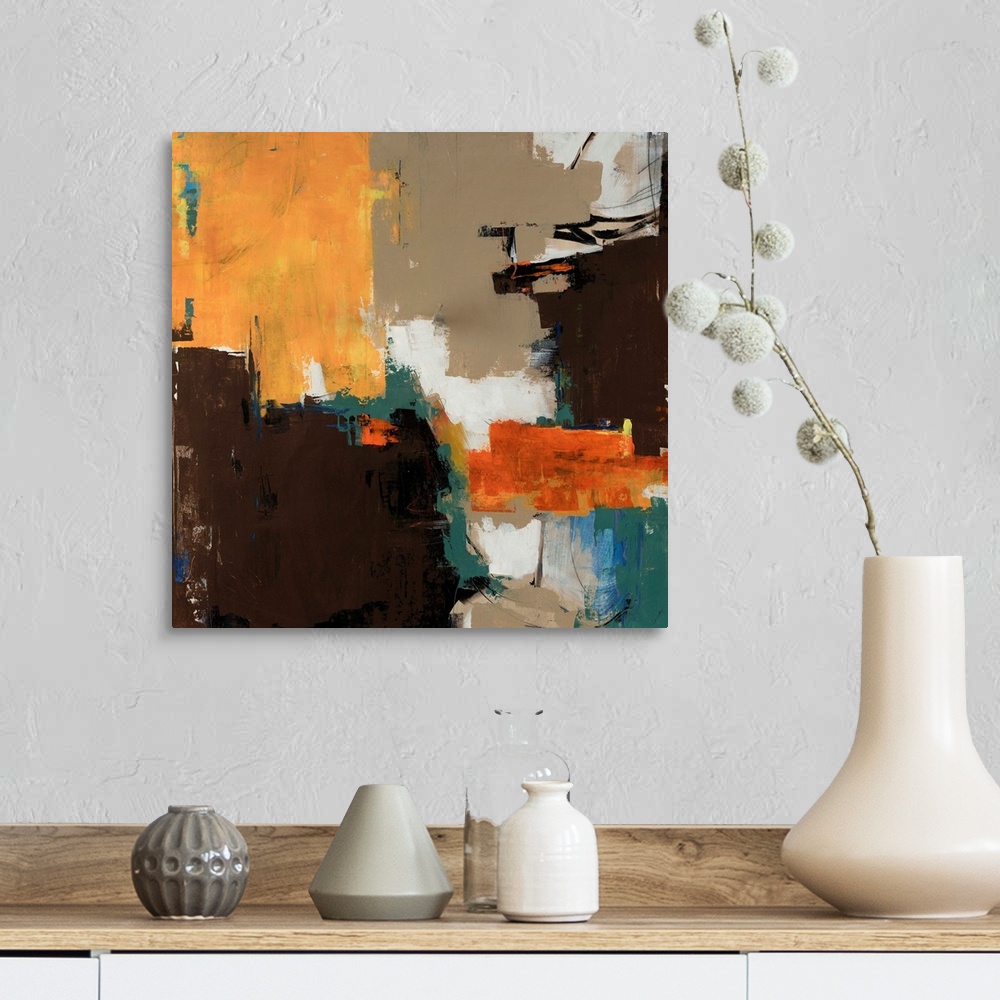 A farmhouse room featuring Abstractly painted image on canvas with different patches of color layered on top of each other.