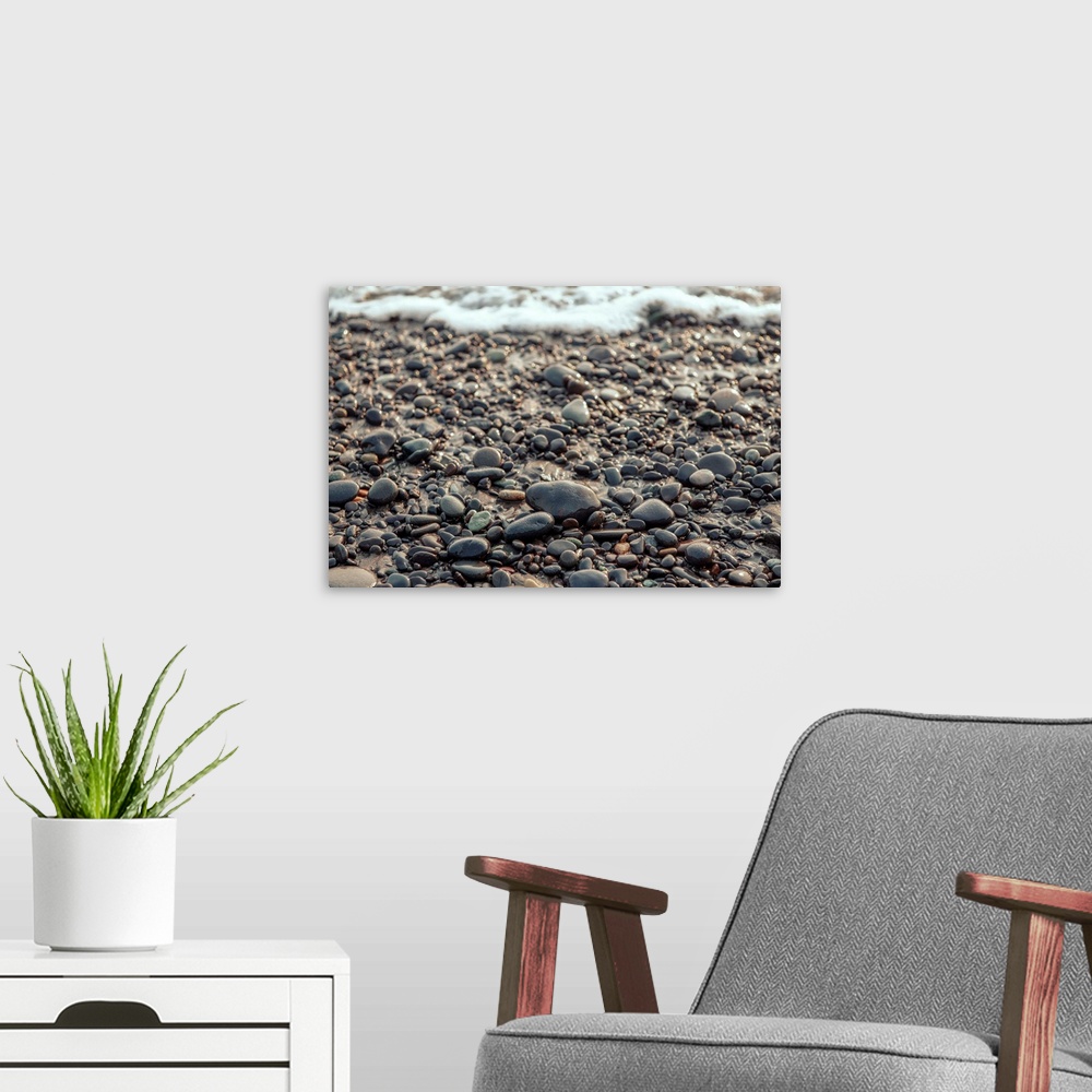 A modern room featuring Close up view of the pebble shore on Rialto beach, Olympic National Park, Washington.