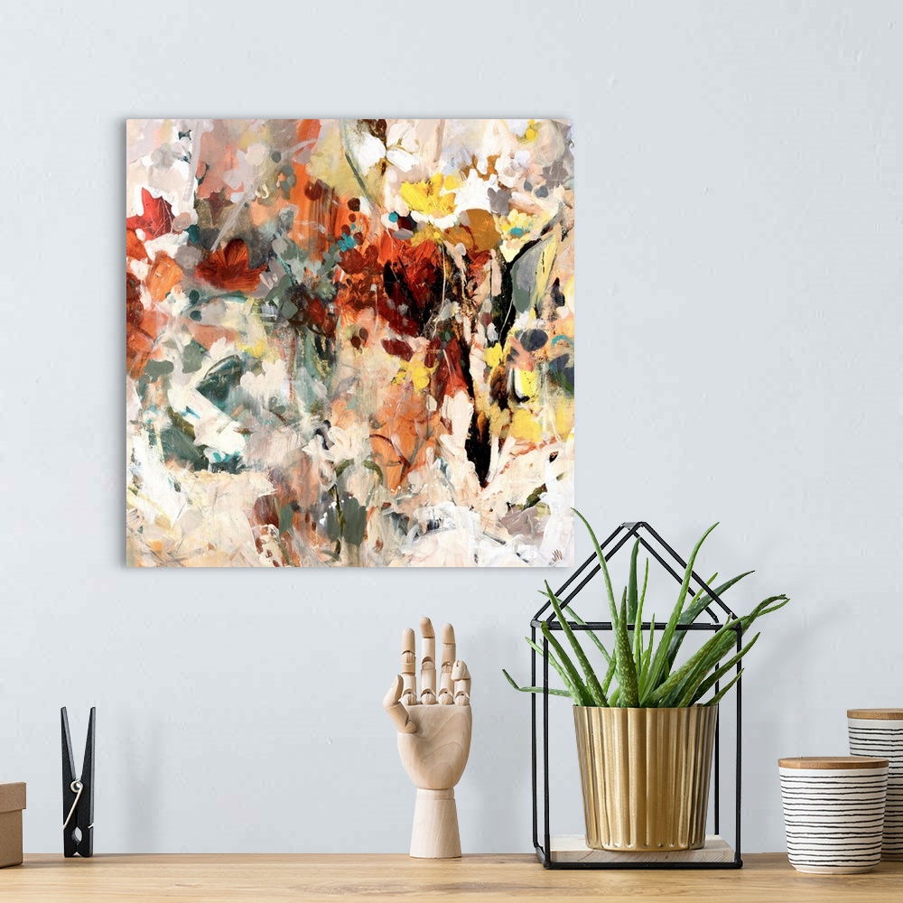 A bohemian room featuring Office docor wall art of a square painting created with spontaneous brush strokes built up to mak...
