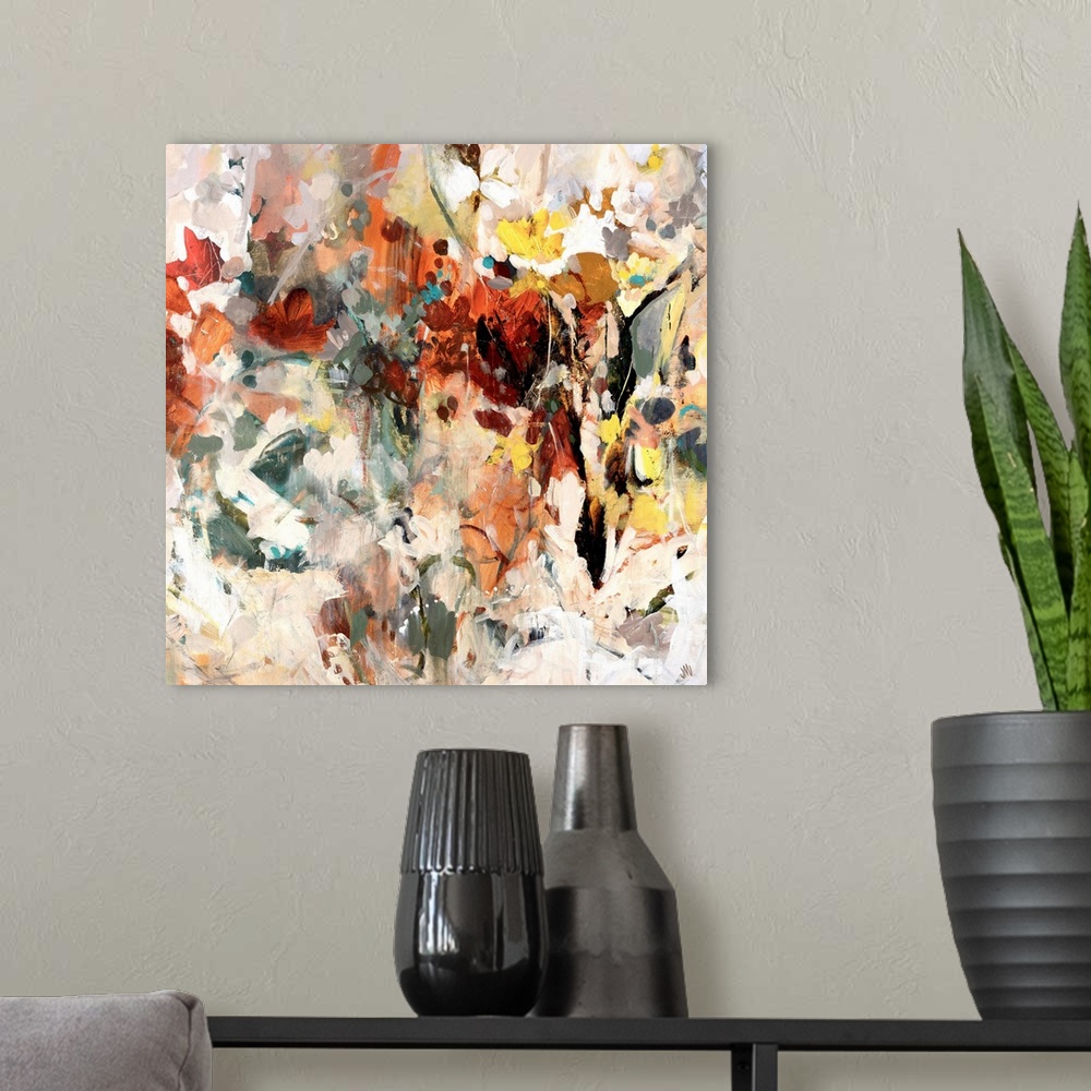 A modern room featuring Office docor wall art of a square painting created with spontaneous brush strokes built up to mak...